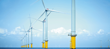 Series of windmills in ocean/sea