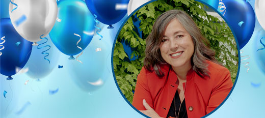 Lisa Gomez headshot over digital balloons.