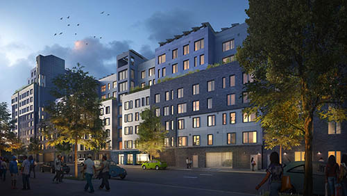 Portræt af urban fortov med lejlighedsboliger