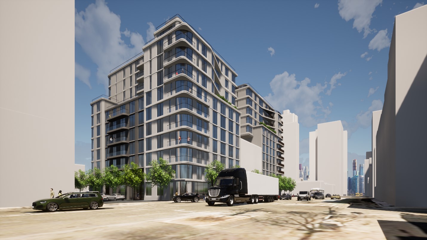 Street view rendering of apartment building with blue sky above