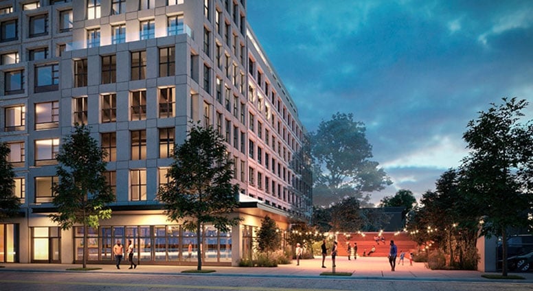 Street view rendering of building on left facing street and people mingling on concrete patio to the right