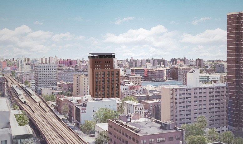 Skyline view rendering of city buildings on right train tracks to the left with blue sky and clouds above.