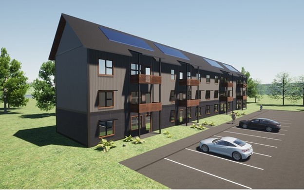 Rendering of 3 story apartment complex with solar panels on roof.