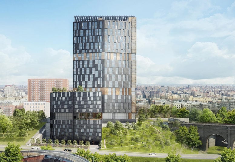 Rendering of tall multi-use building surrounded by trees with city in background.