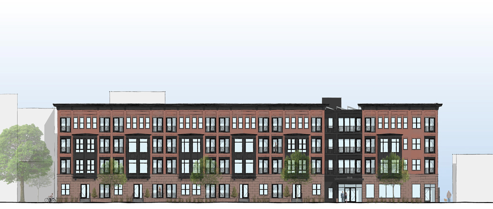 Rendering of multi-story building front.