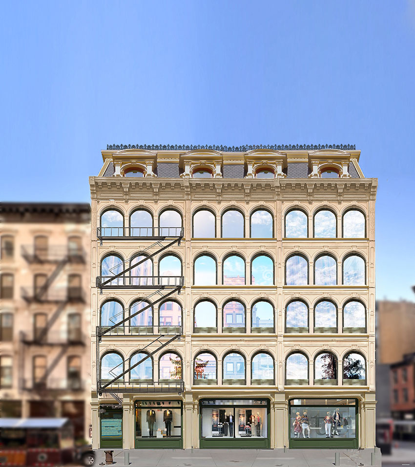 Rendering of front of multi-story building with arch windows.