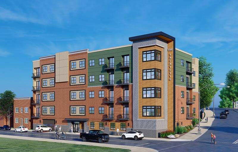 Across the street view rendering of corner lot apartment building and blue sky above.