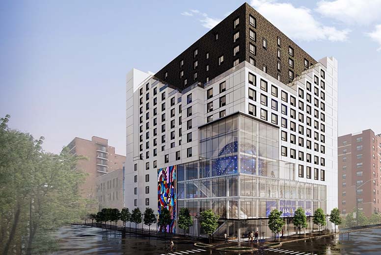 Corner view rendering of tall white building with clear paned atrium and trees lining sidewalk.