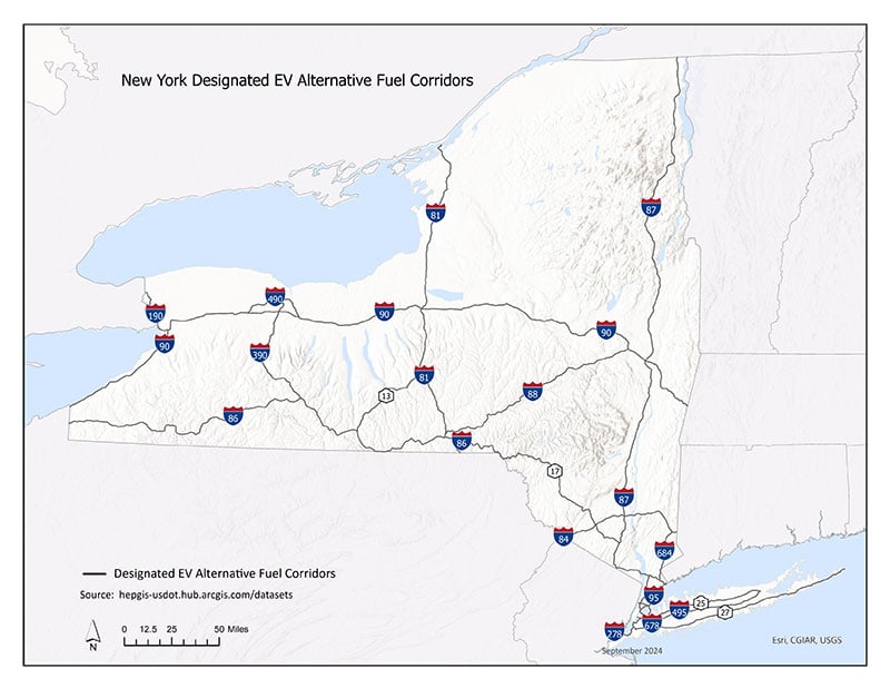 New York State electric vehicle corridors for charging station installations