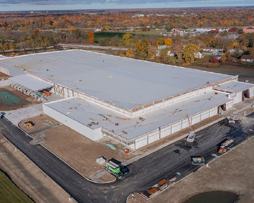 Birds eye view of a large warehouse building.