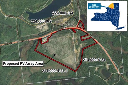 Benson Mines project site location outlined on topographical map with arrow pointing to proposed PV array area. Map of NY State in top-right corner highlighting the site location in norther NY.
