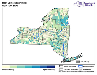 Heat Vulnerability Index map of New York State ranging from low vulnerability in yellow to high vulnerability in blue.