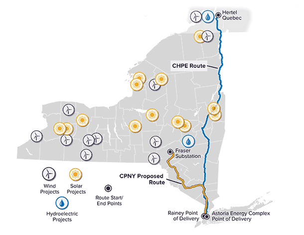 New York State map of wind, sola, and hydroelectric projects