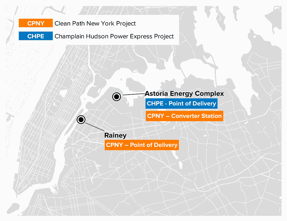 Downstate New York map of delivery stations at Astoria Energy Complex and Rainey