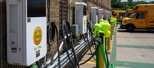 charging stations in a school bus parking lot
