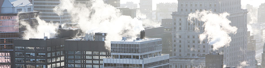 Steam coming from the tops of buildings in a city.