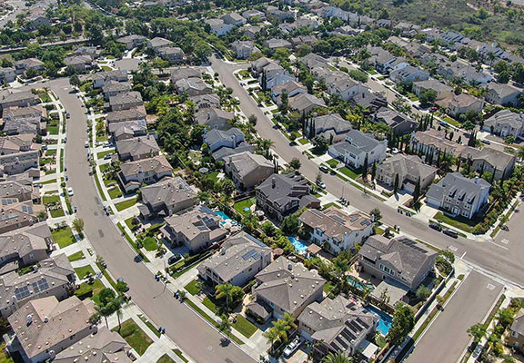 Aerial view of a dense neighborhood.
