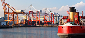 Harbor with boats and cranes