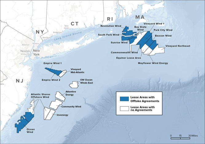 Map showing BOEM lease areas with offtake agreements and lease areas with no agreements