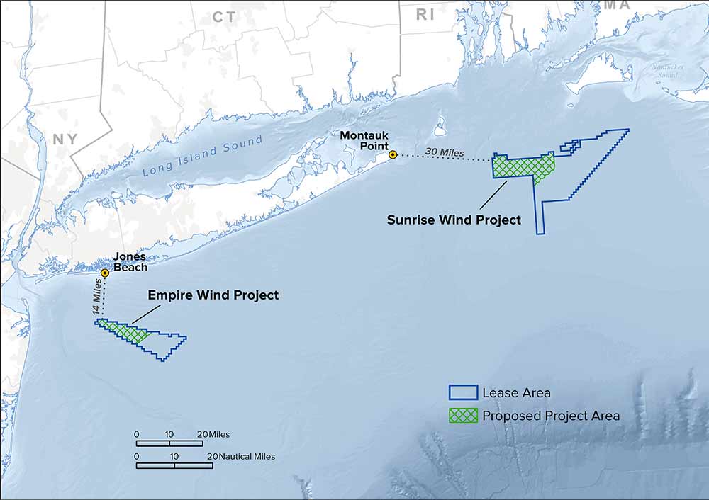 This map shows the project areas for Empire Wind and Sunrise Wind, which have been selected for contract negotiations. At their closest points to shore, the Empire Wind project is approximately 14 miles from the western end of Jones Beach State Park, and the Sunrise Wind project is over 30 miles from Montauk Point at the eastern tip of Long Island.