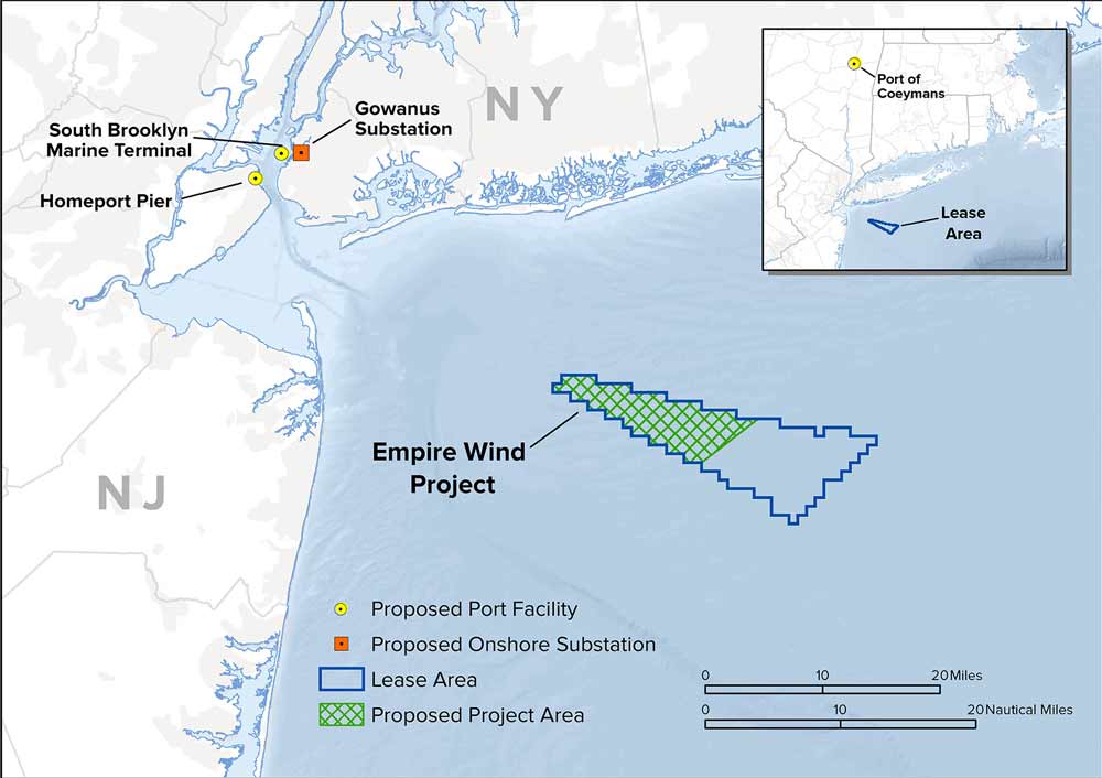 The Empire lease area South of Long Island, with a proposed transmission line running to the Gowanus Substation near the proposed port South Brooklyn marine Terminal, Homeport Pier, and Arthur Kill Terminal