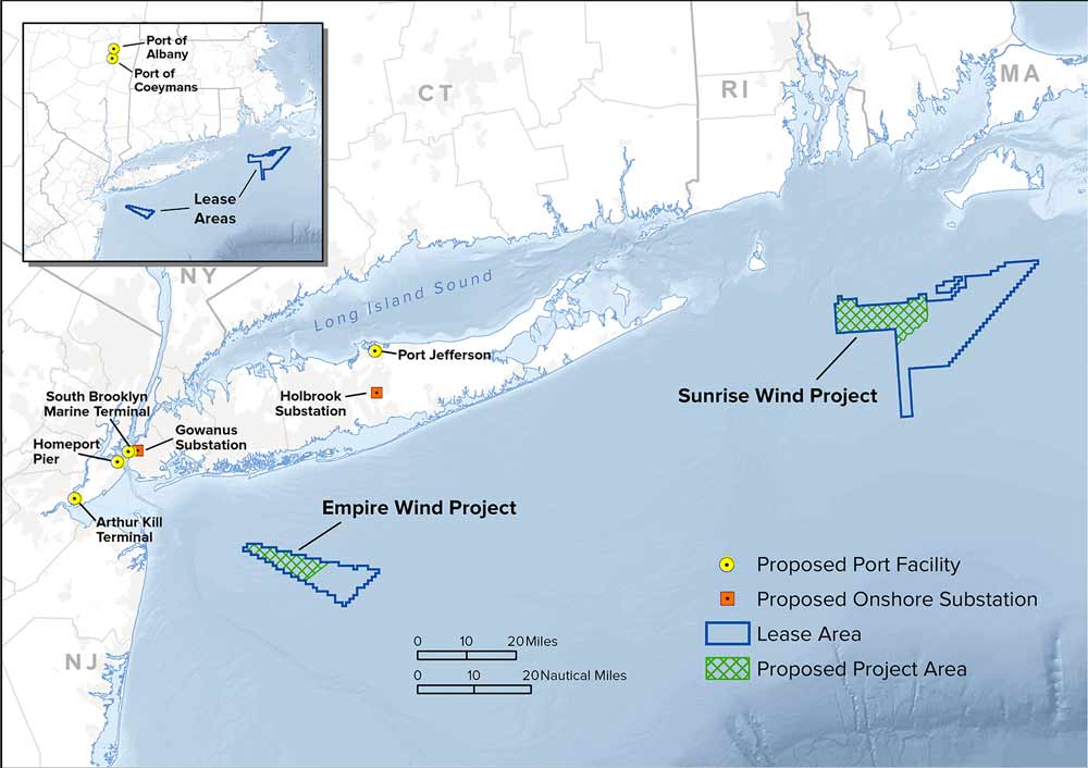 Map showing the Sunrise lease area off the East coast of Long Island, with a proposed transmission line running to the Holbrook Substation, South of Port Jefferson which acts as their proposed port facility; and the Empire lease area South of Long Island, with a proposed transmission line running to the Gowanus Substation near the proposed port South Brooklyn marine Terminal, Homeport Pier, and Arthur Kill Terminal.