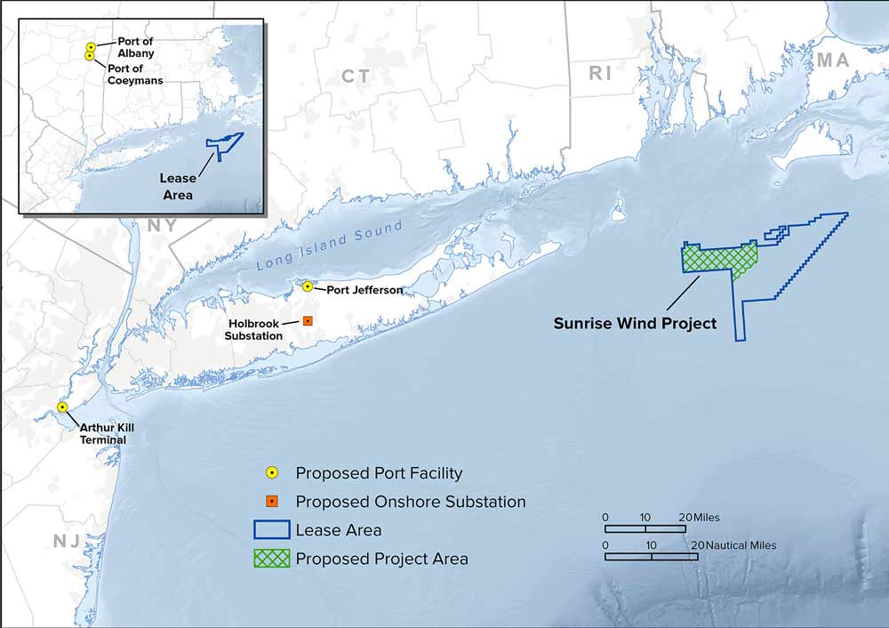 Map showing the Sunrise lease area off the East coast of Long Island, with a proposed transmission line running to the Holbrook Substation, South of Port Jefferson which acts as their proposed port facility