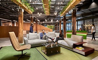 A living room in an industrial building