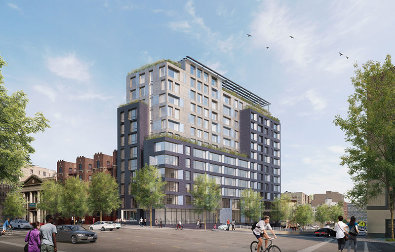 Rendering of 2050 Grand Concourse building viewed from across the street with blue sky and clouds above.