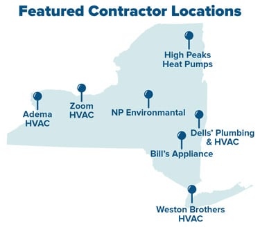 Map of New York State highlighting featured contractor locations: Adema HVAC (western NY), Zoom HVAC (central NY), NP Environmental (central NY), High Peaks Heat Pumps (North Country), Dells’ Plumbing & HVAC (eastern NY), Bill’s Appliance (Capital Region), and Weston Brothers HVAC (Long Island).