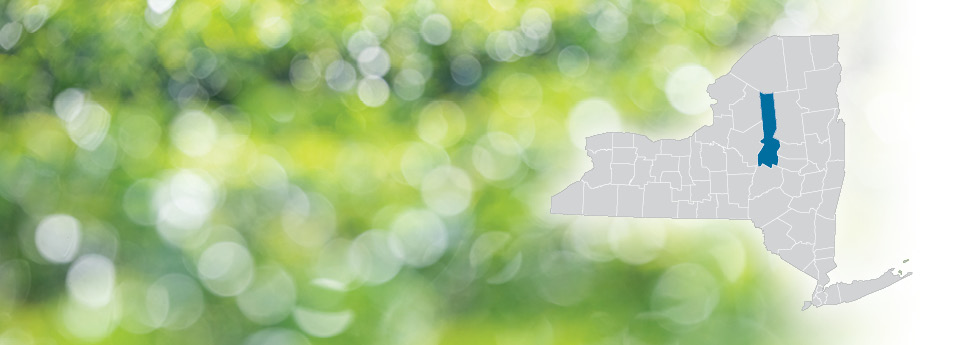 Herkimer County circled on a grey map of NY State on a green and white bokeh dot background.