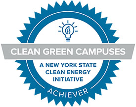 Badge reading "Clean Green Campuses Achiever, A New York State Energy Initiative"