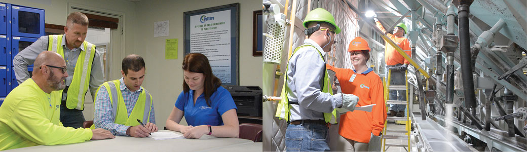 Potters Industries employees collaborating in a meeting and working together on the manufacturing floor.