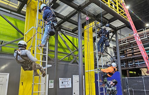 Workers in safety gear climbing ladders.