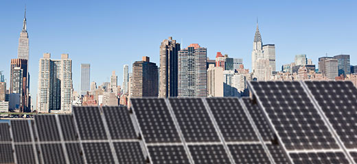 NYC Skyline with solar panels in foreground