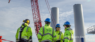 Wind turbine workers at construction site