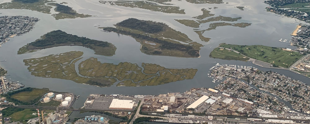 Aerial view of bay/ports/city