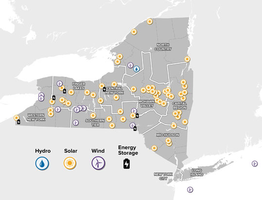 New York State map of renewable energy sources and storage