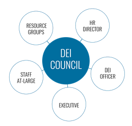 The DEI Council is made up of HR Director, DEI Officer, Executive, Staff At-Large, Resource Groups